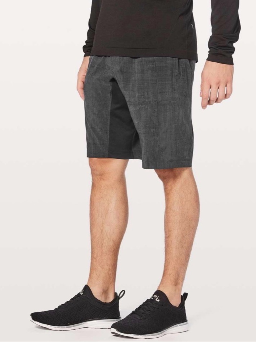 Lululemon T.H.E. Short  Linerless 11"
Grid Lines Deep Coal Black